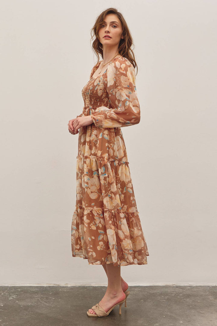 Floral Square Neck Dress w/ Balloon Sleeve