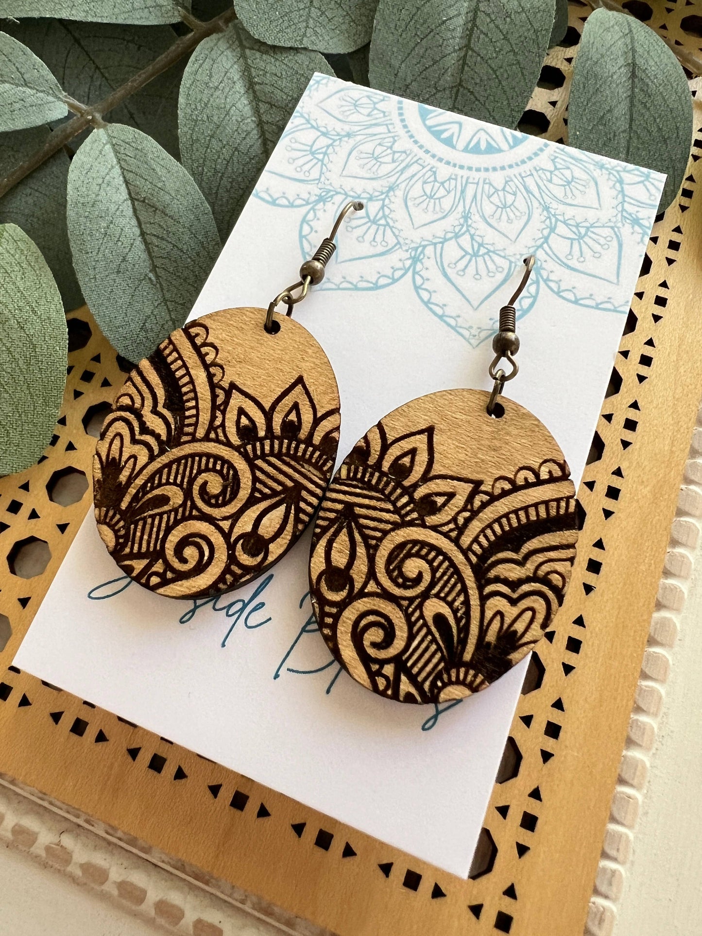 Wooden Earrings - Oval Scroll