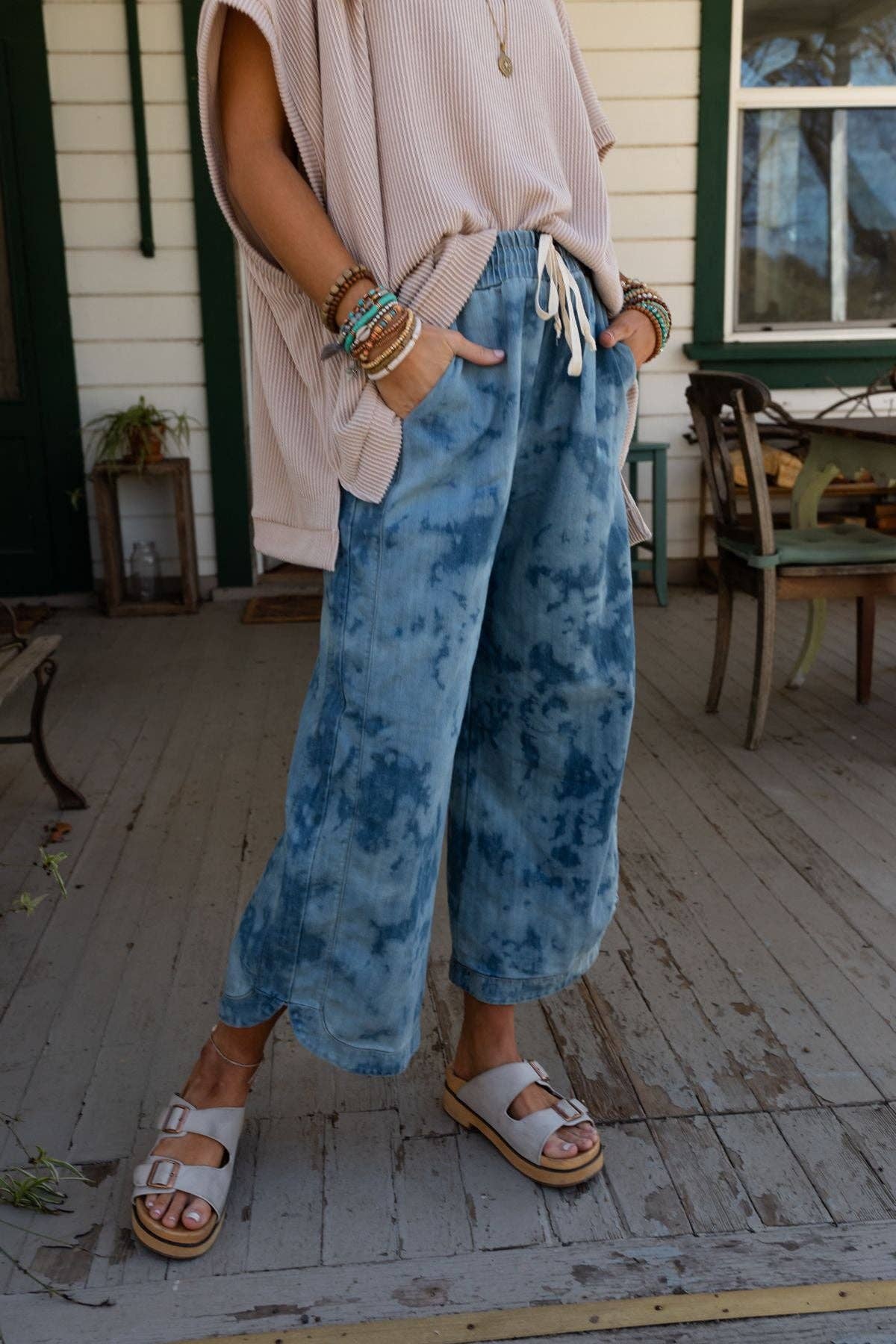 So Comfy Wide Leg Cropped Pant - Bleach Dye Denim