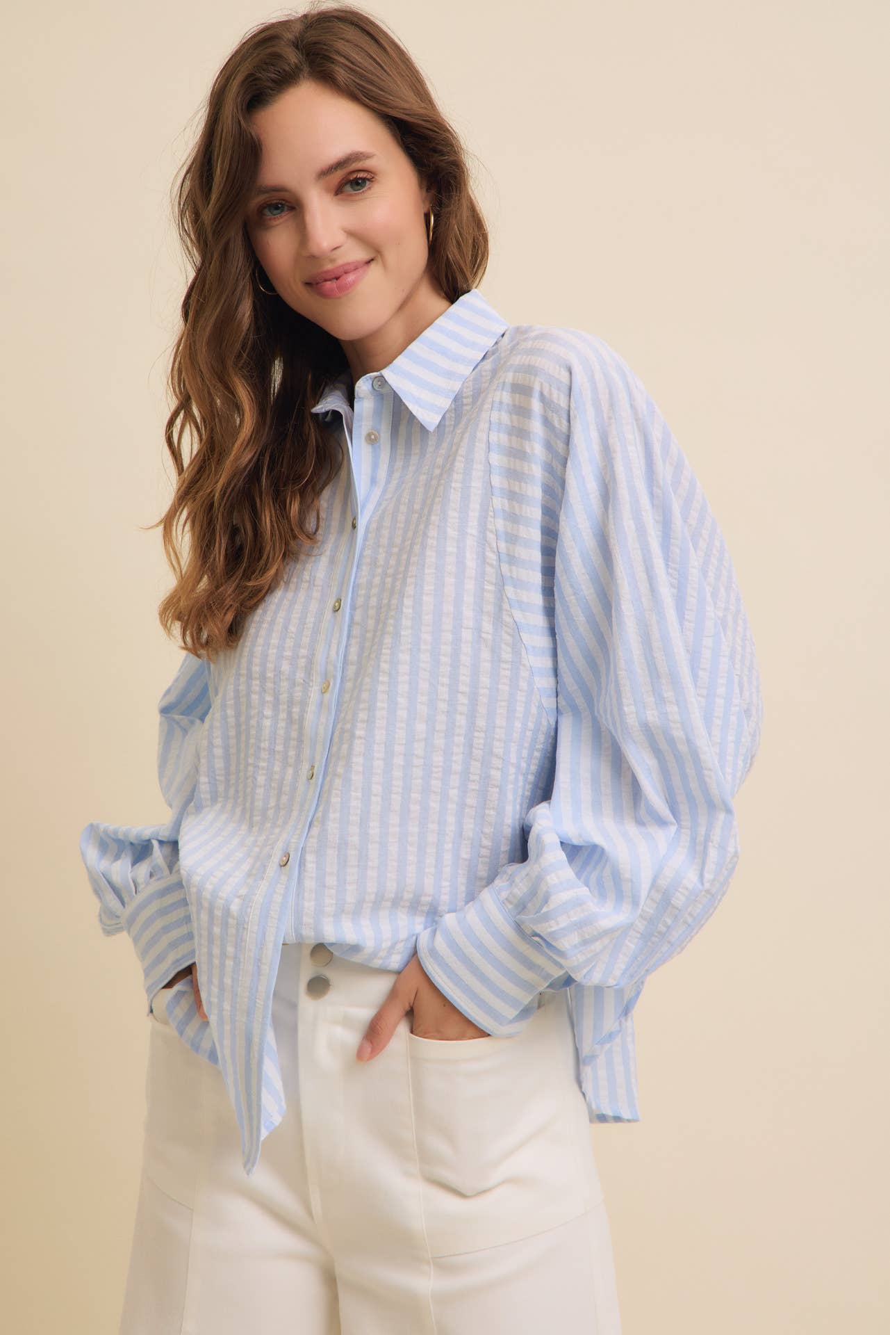 VOLUMINOUS SLEEVED BUTTON-DOWN COTTON STRIPE SHIRT