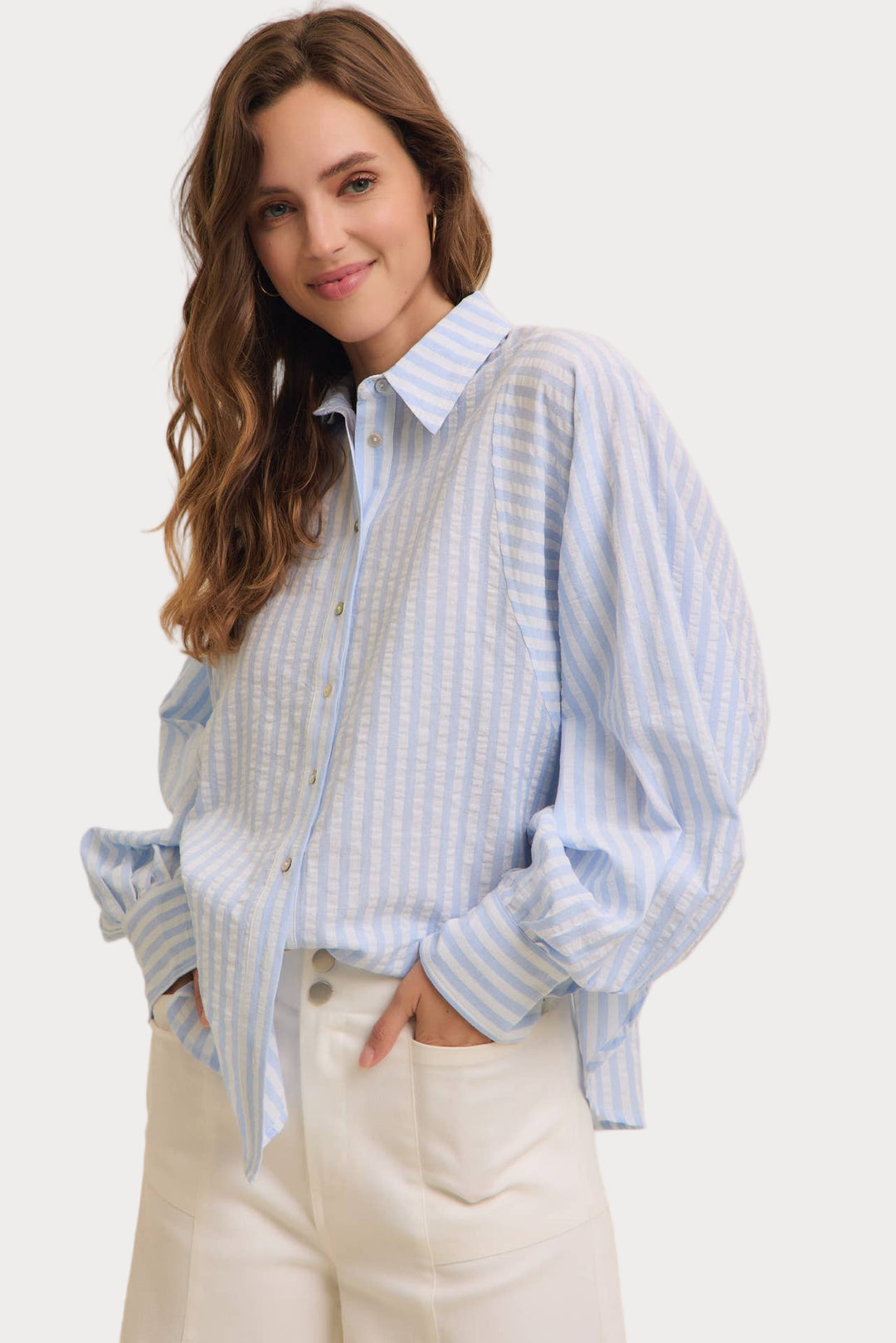 Striped Balloon Sleeve Blouse | Women's Relaxed Fit Button-Up