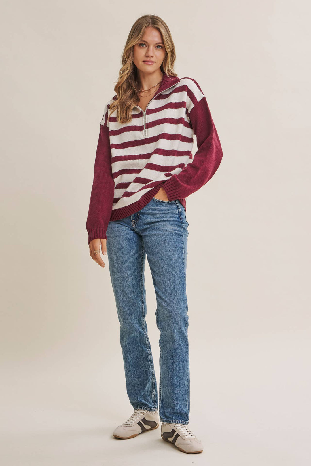 EVERGREEN DAYS CLASSIC HALF ZIP STRIPE PULLOVER SWEATER