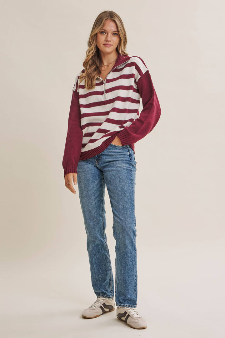 EVERGREEN DAYS CLASSIC HALF ZIP STRIPE PULLOVER SWEATER