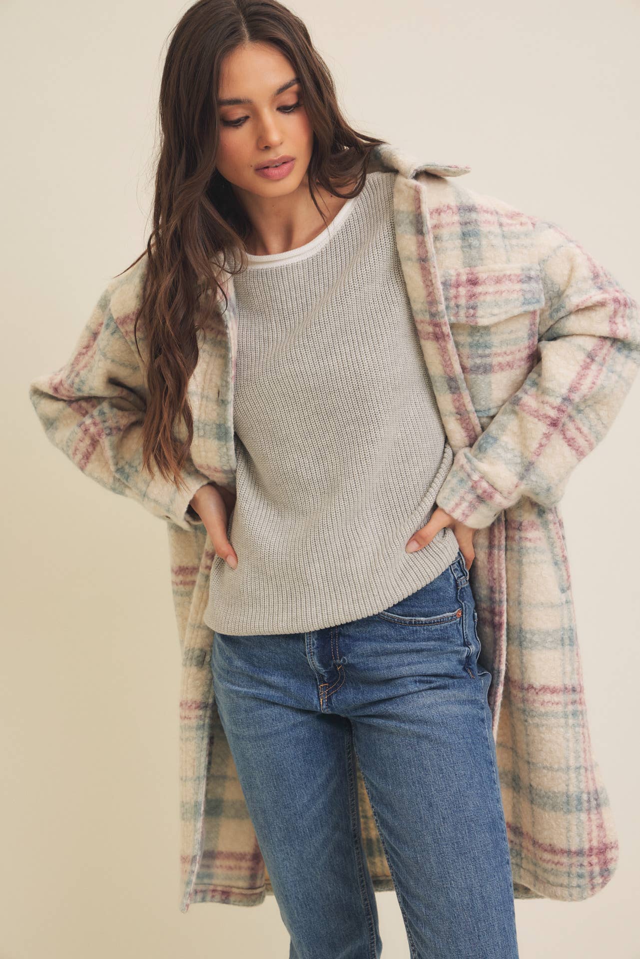 WESTERN PLAID BOUCLE OVERSIZED SHACKET WITH POCKETS