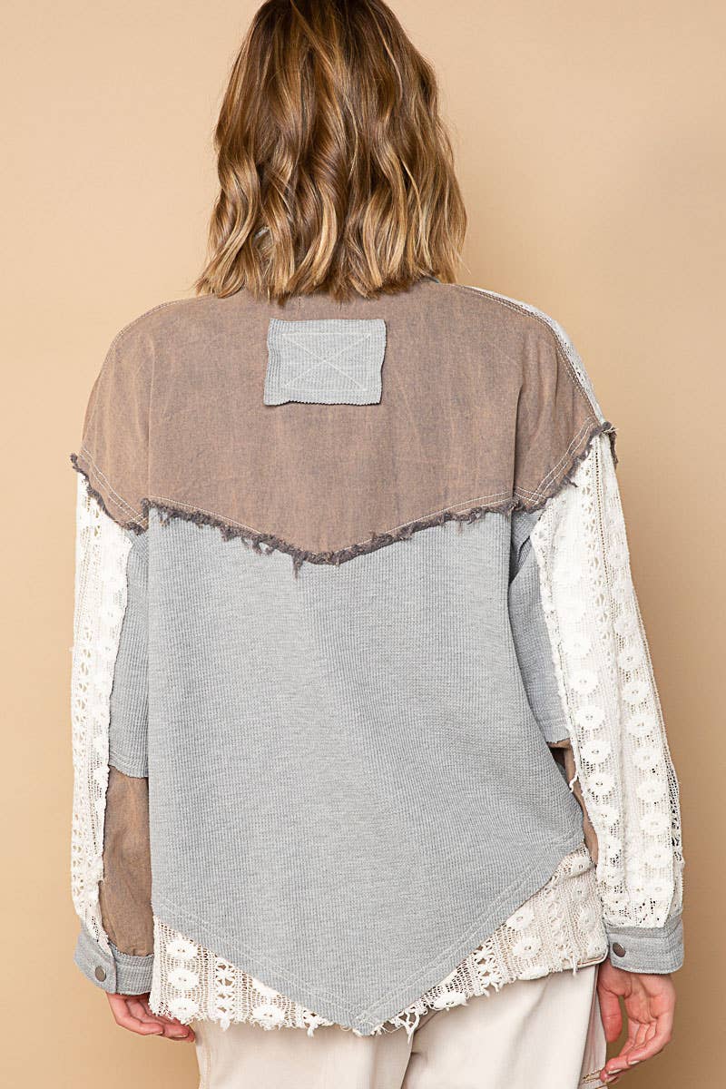 Oversize contrast lace crochet collared button down shirt