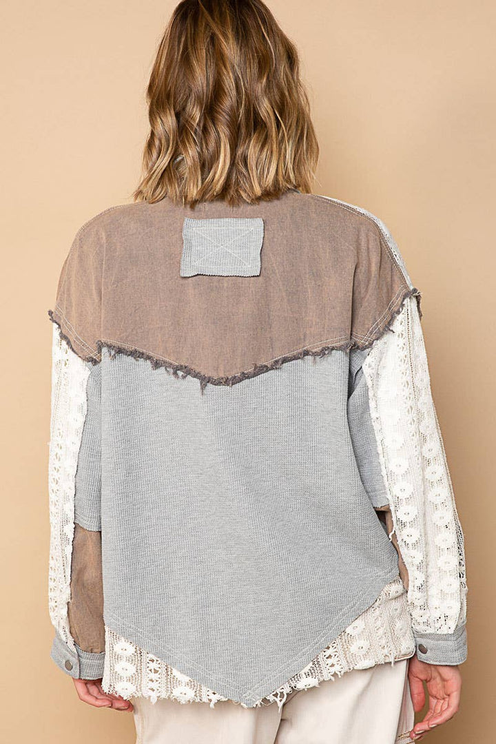 Oversize contrast lace crochet collared button down shirt