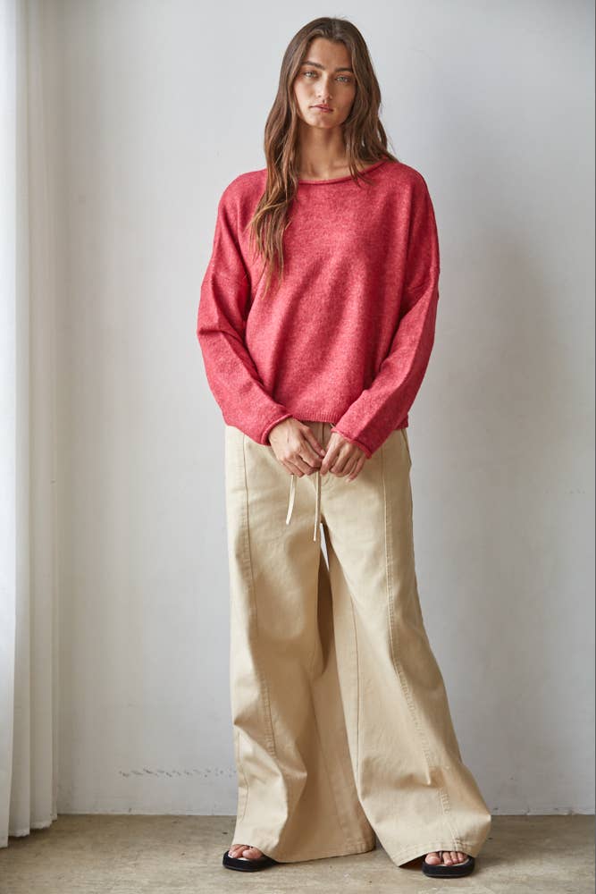 W2114 | Knit Sweater Rolled Round Neck Pullover Top