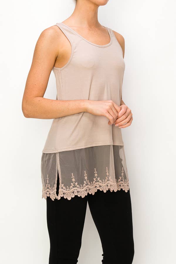 Soft Relaxed Tank With Delicate Floral Laced Hem - T08 TAUPE