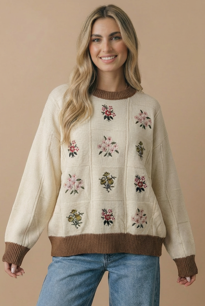 Round Neck Floral Embroidery Sweater Knit Top