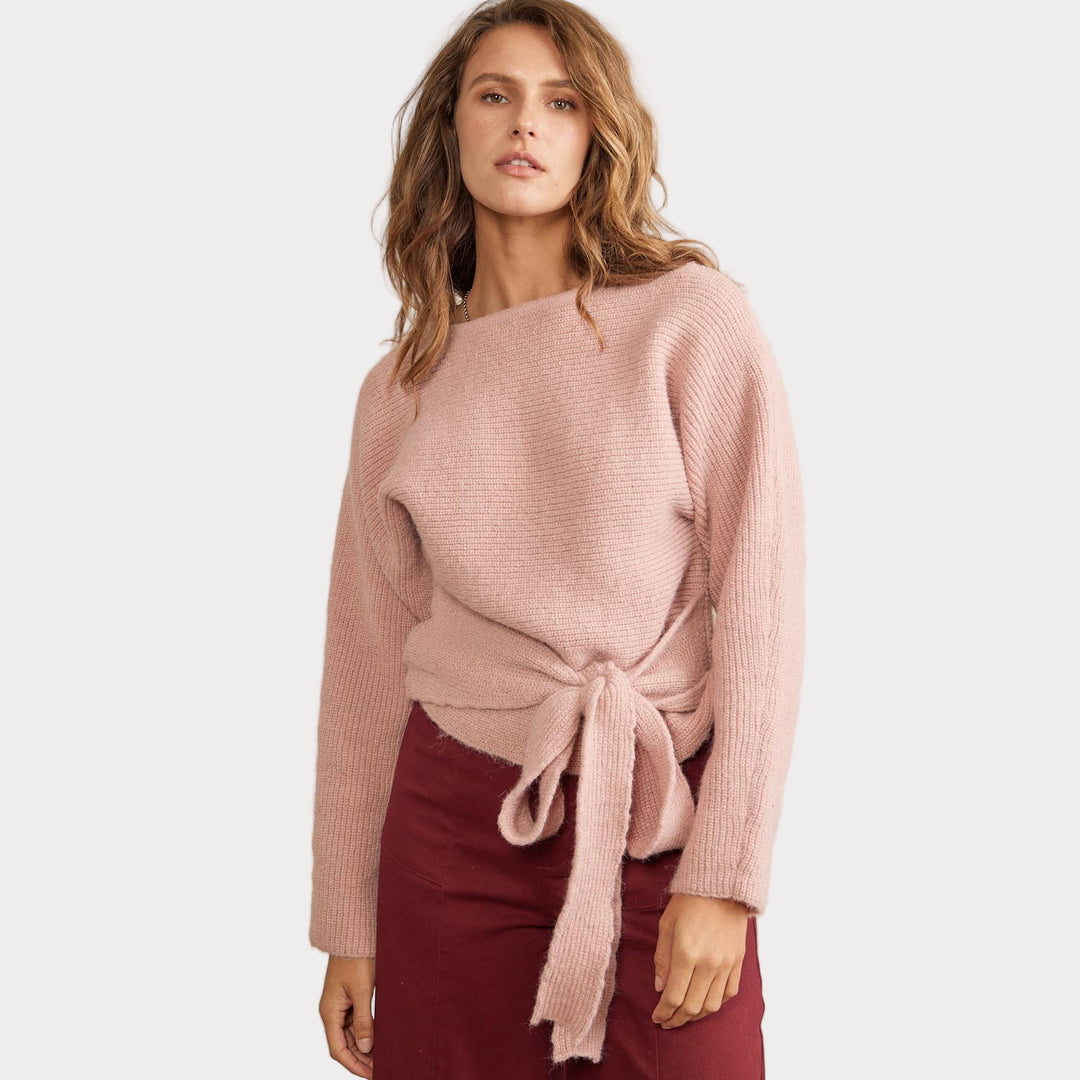 Blush Pink Tie-Front Sweater | Cozy Crewneck Knit Sweater