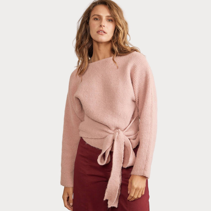 Blush Pink Tie-Front Sweater | Cozy Crewneck Knit Sweater