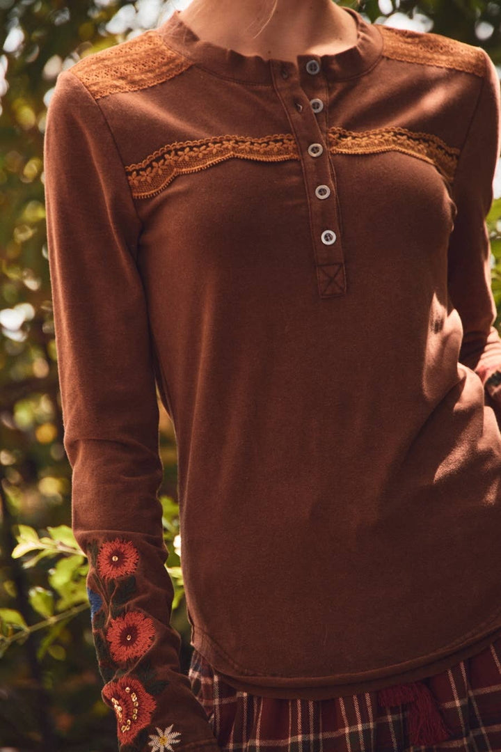 Wild Poppy Embroidered Henley Top