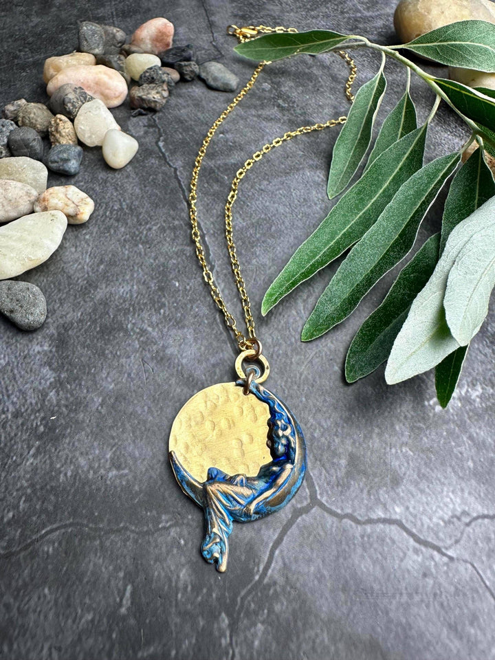 Moon Goddess Necklace, Celestial Brass Pendant with Blue Pat