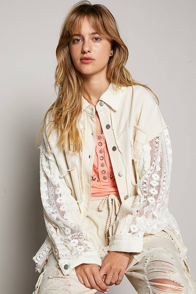 Oversize contrast lace crochet collared button down shirt