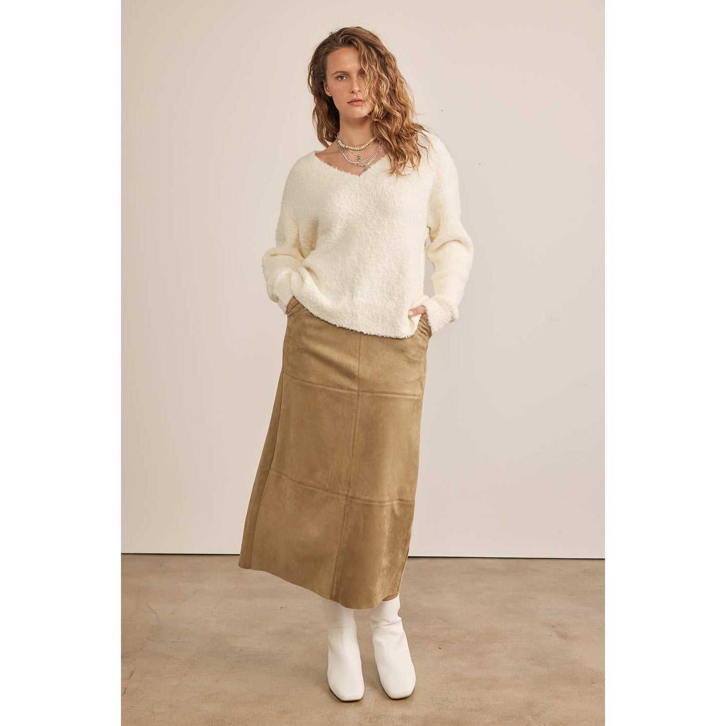 SUPER SOFT SUEDE GRID MIDI SKIRT WITH BACK SLIT