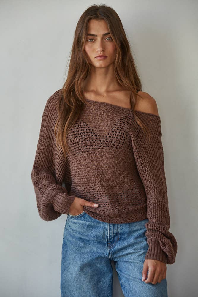 W1106 | Sweater Knit Crochet Round Neck Long Sleeve Top