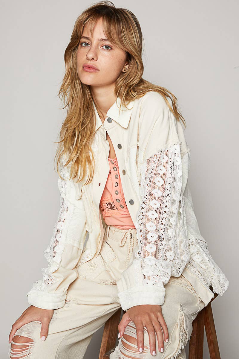 Oversize contrast lace crochet collared button down shirt