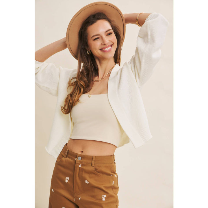 Waffle Knit Balloon Sleeve Cardigan | Cropped Sweater