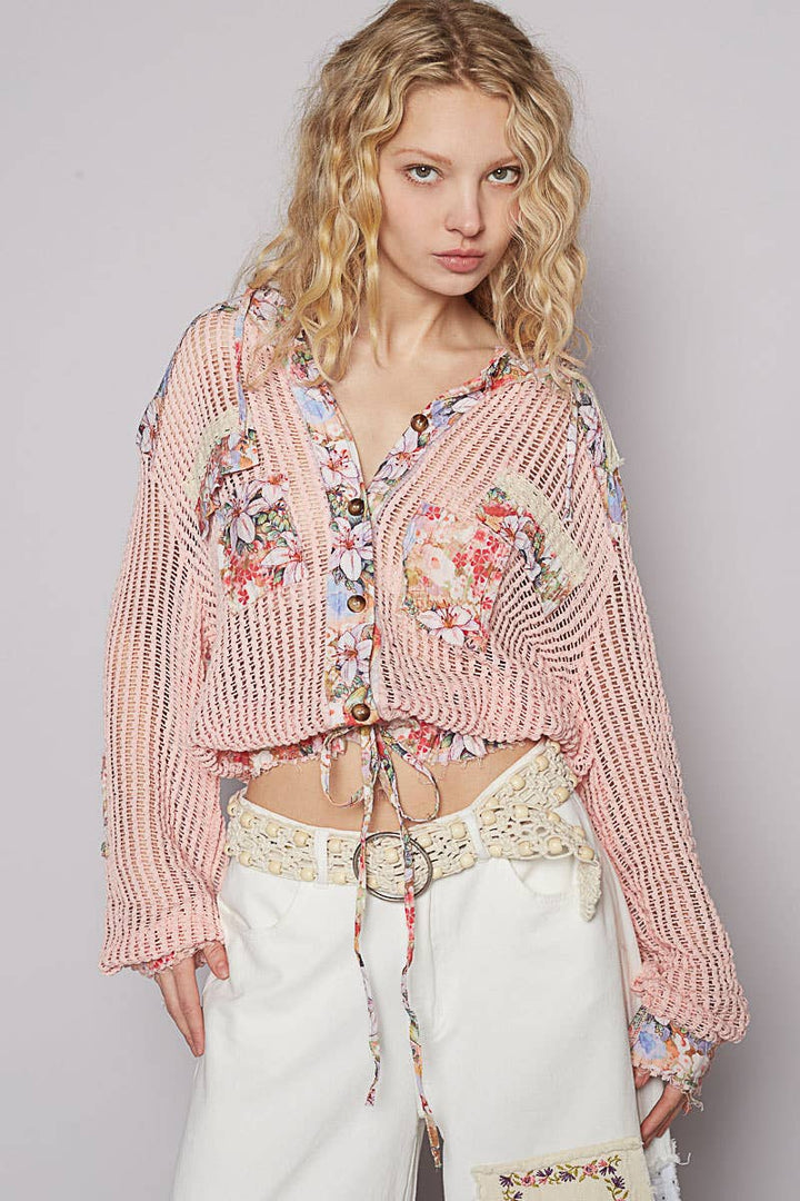 Boho Chic Lilac Mesh Button-Up Top with Floral Patchwork Detail