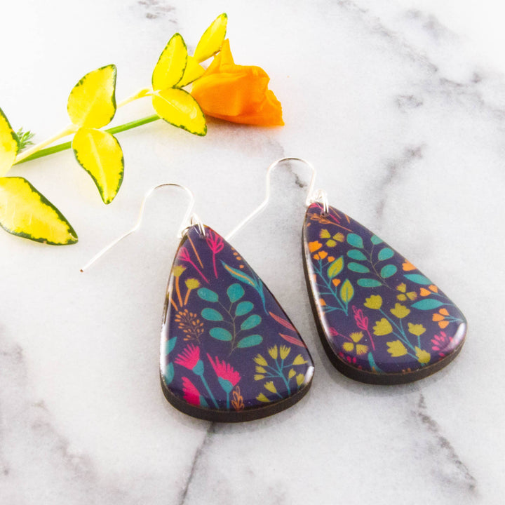 Modern purple garden wooden teardrop earrings with colorful botanical floral design and sterling silver ear wires