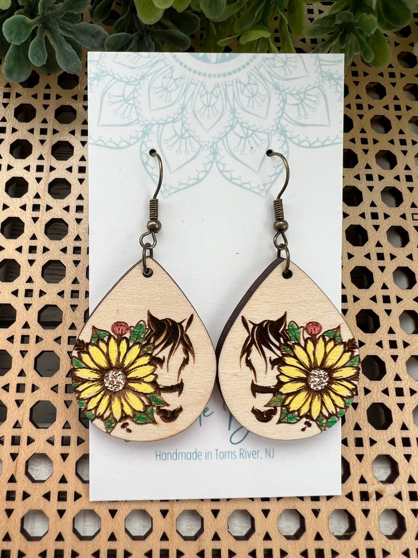 Wooden Earrings - Horse & Sunflower