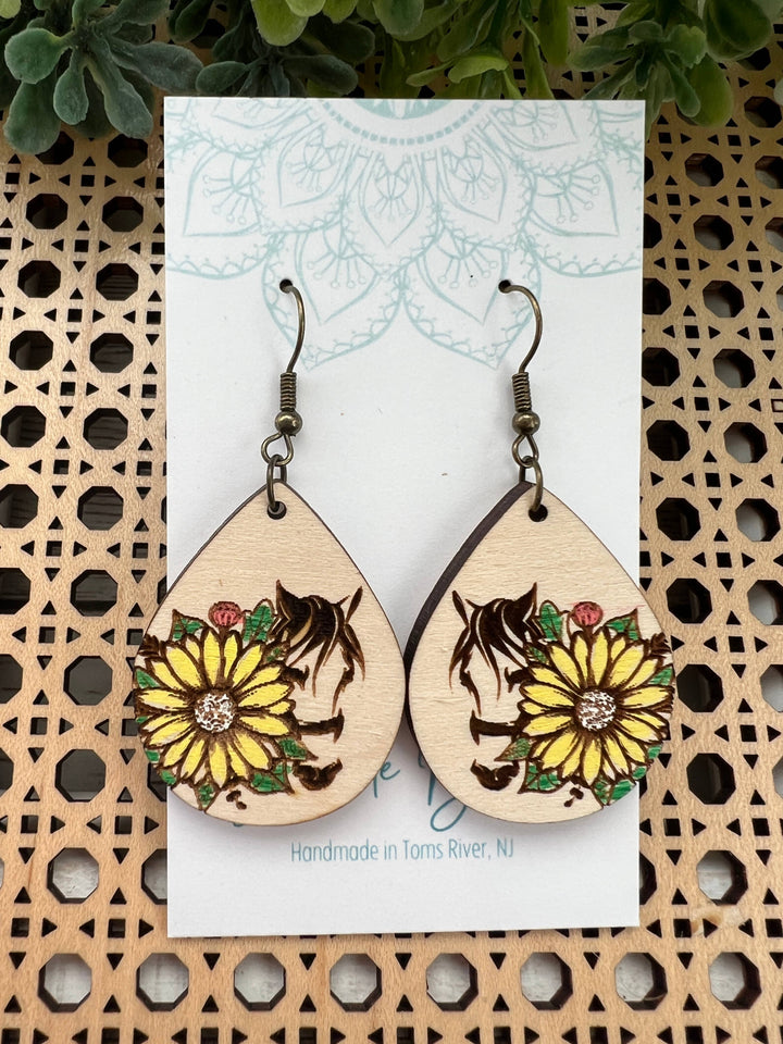 Wooden Earrings - Horse & Sunflower