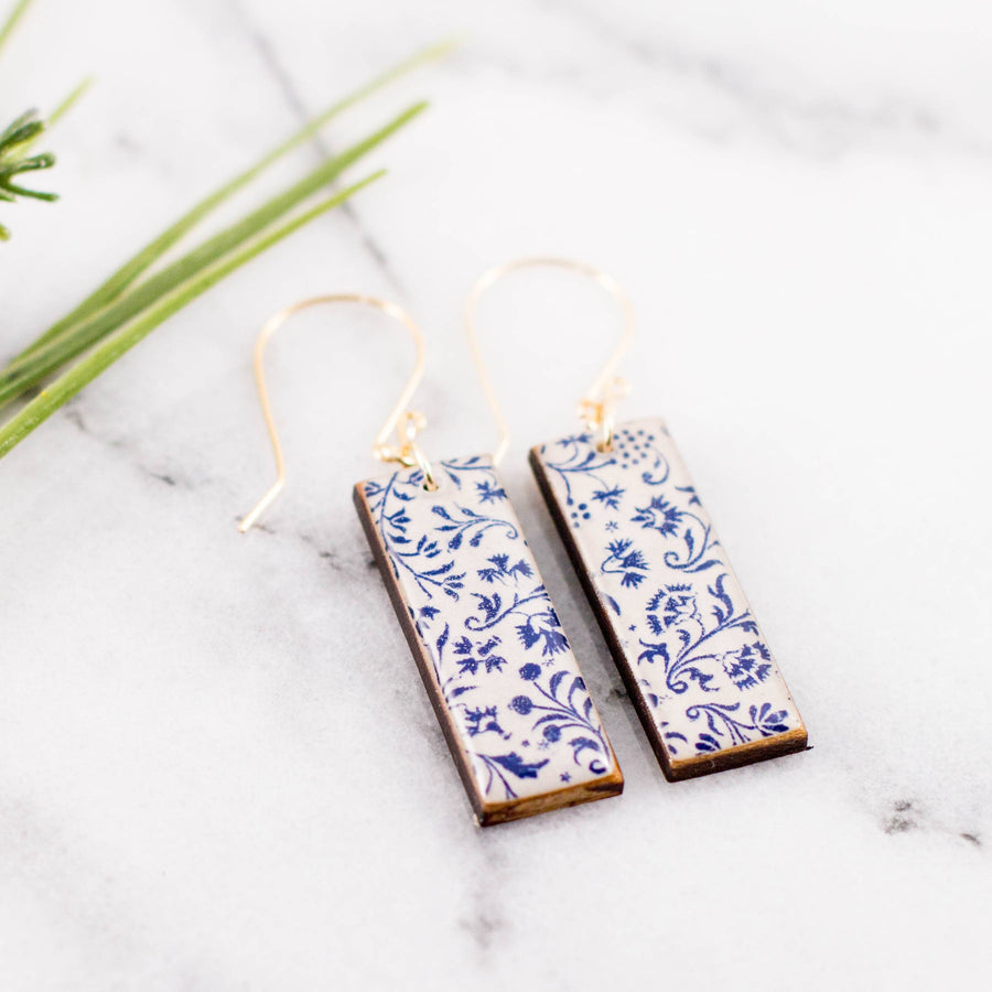 Blue and white petite floral rectangle wood earrings with vintage Japanese paper and gold-filled ear wires