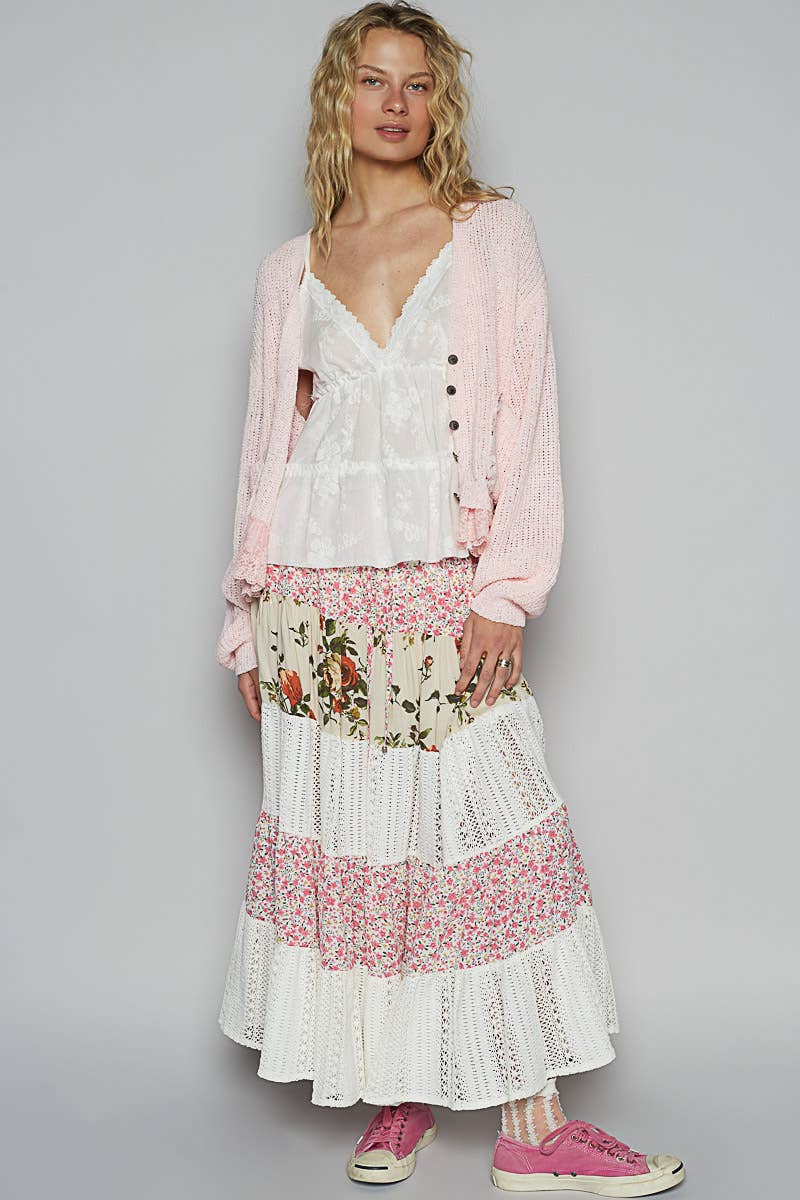 V-neck lace ruffle solid thin sweater cardigan