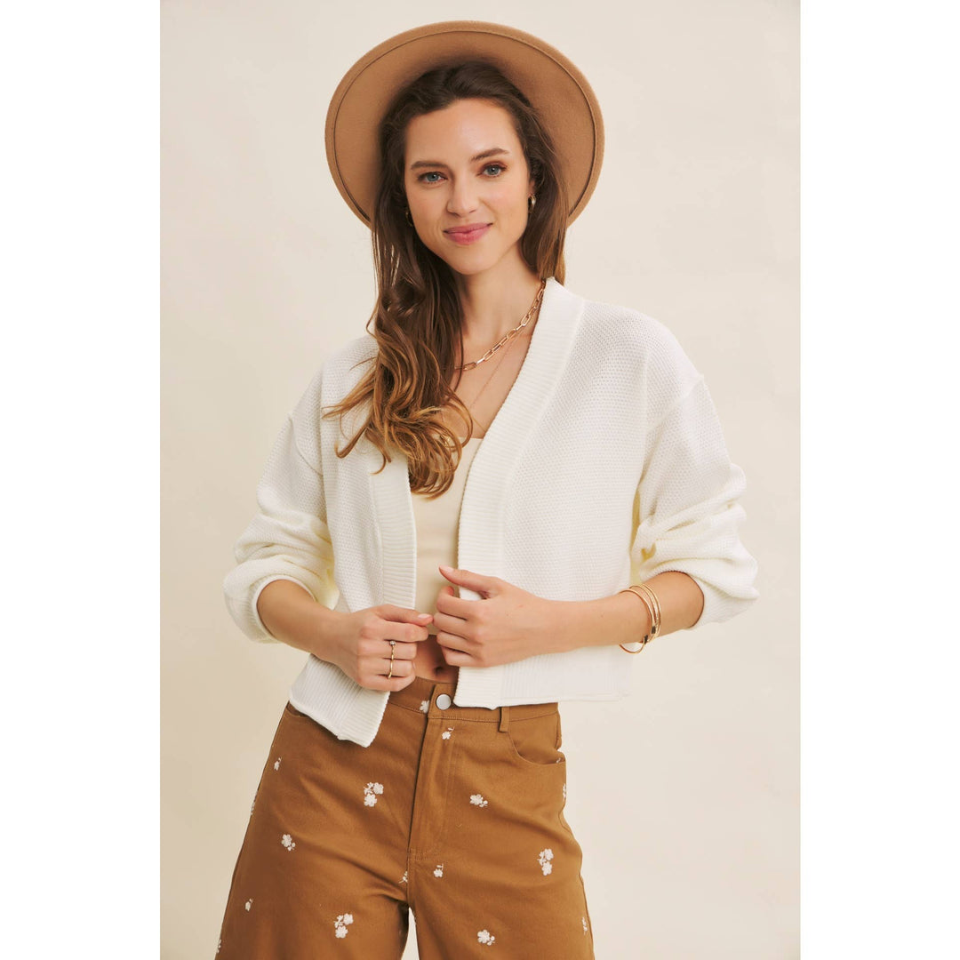 Waffle Knit Balloon Sleeve Cardigan | Cropped Sweater
