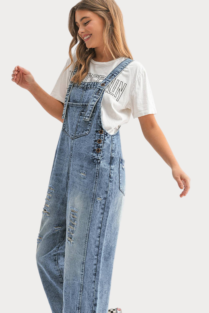 Distressed Wide-Leg Denim Overalls
