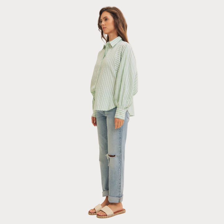 Striped Balloon Sleeve Blouse | Women's Relaxed Fit Button-Up