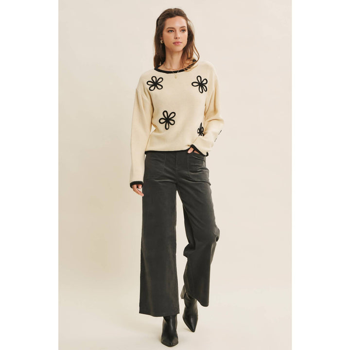 Contrast Floral Appliqué Sweater