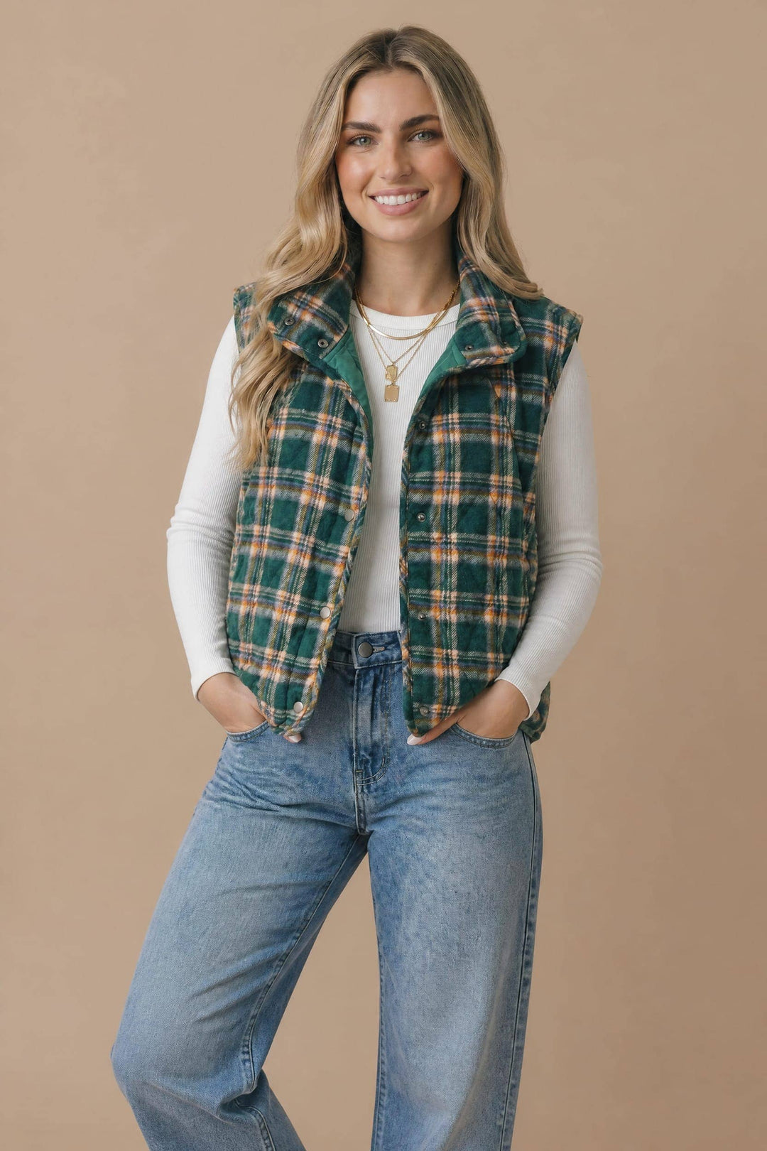 Plus Snap Button Down Plaid Quilted Puffer Vest
