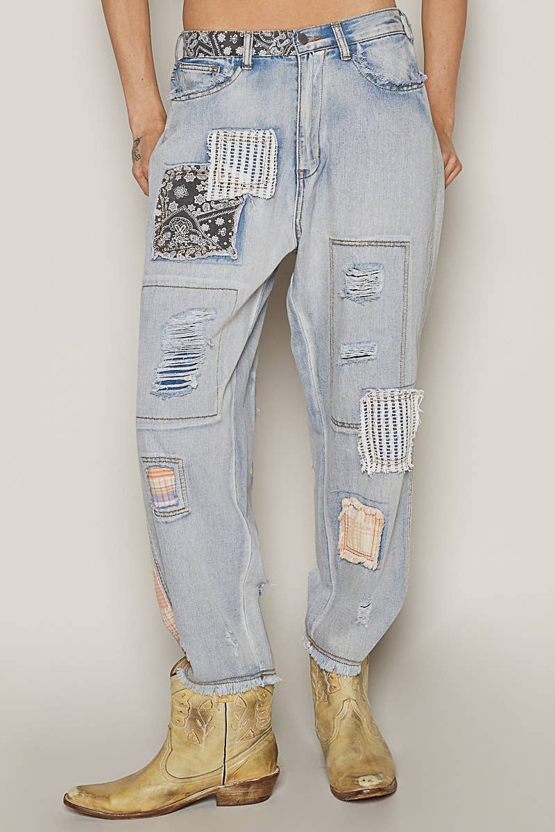 Patch work detail ankle length denim pants