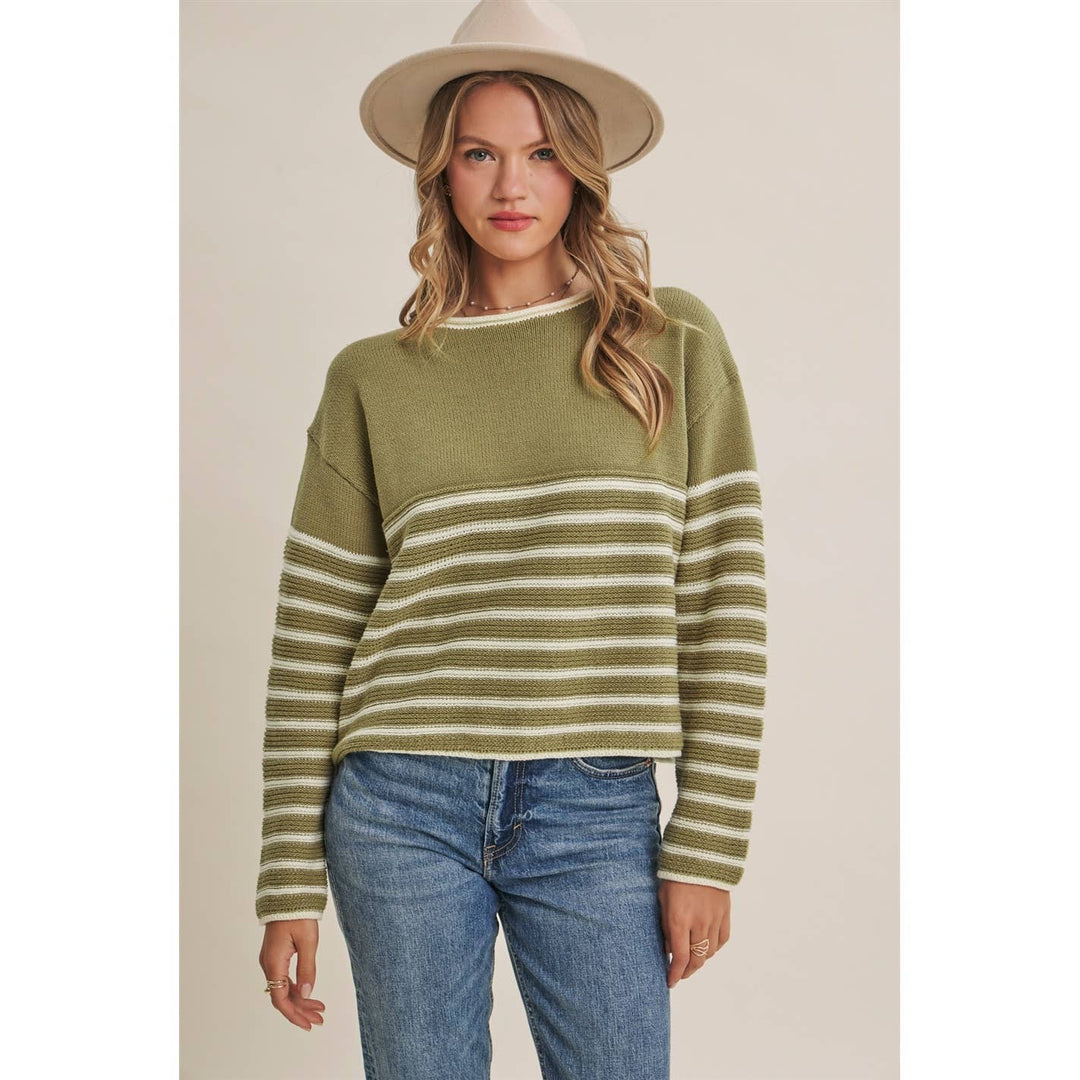 COZY CABIN CONTRAST STRIPE RELAXED SWEATER TOP