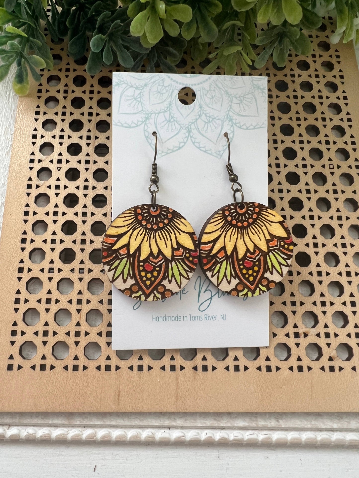 Wooden Earrings - Sunflower Mandala