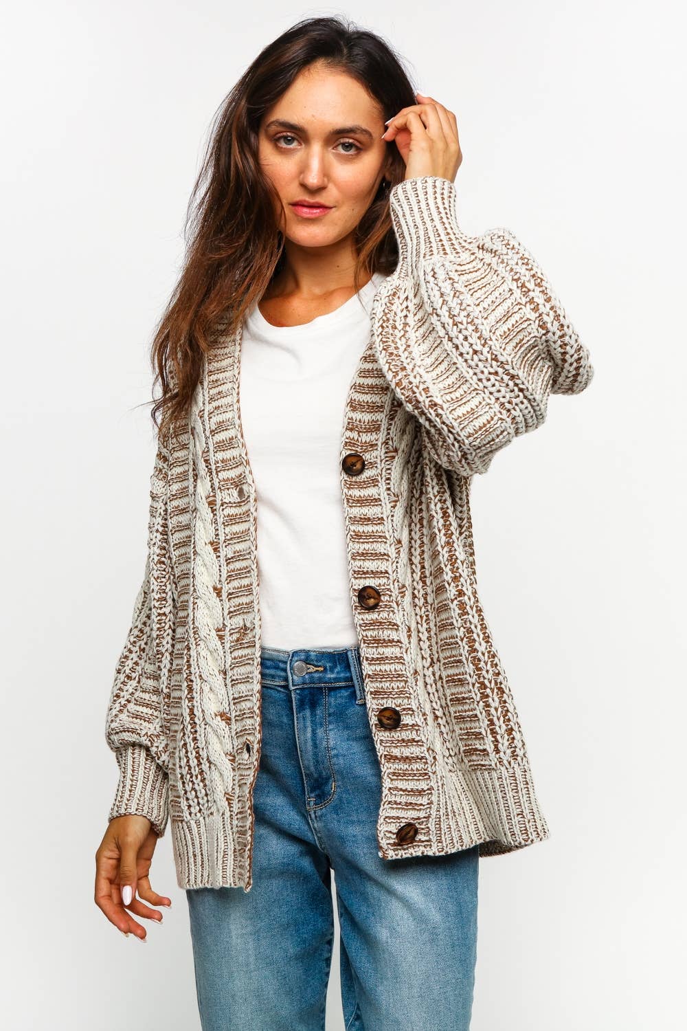 Two-Tone Cable Chunky Cardigan | Plus