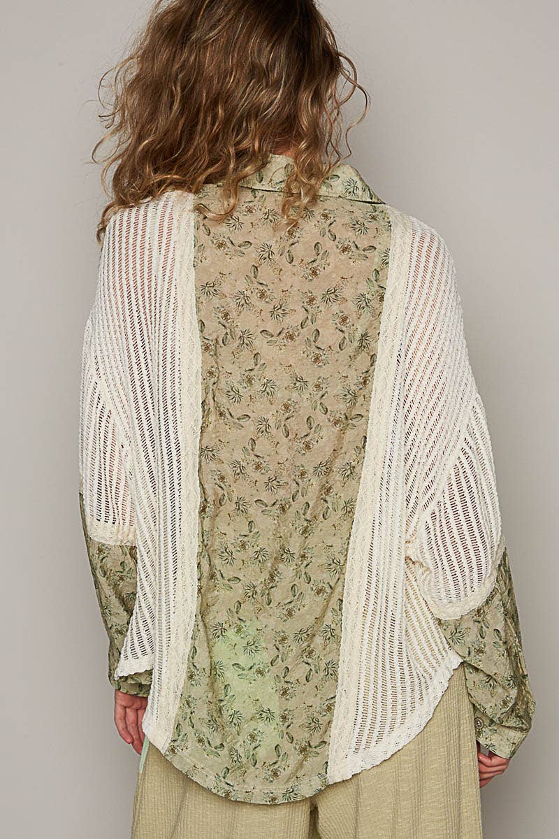 Vintage Olive Floral Button-Up Top with Cream Mesh Panel Accents