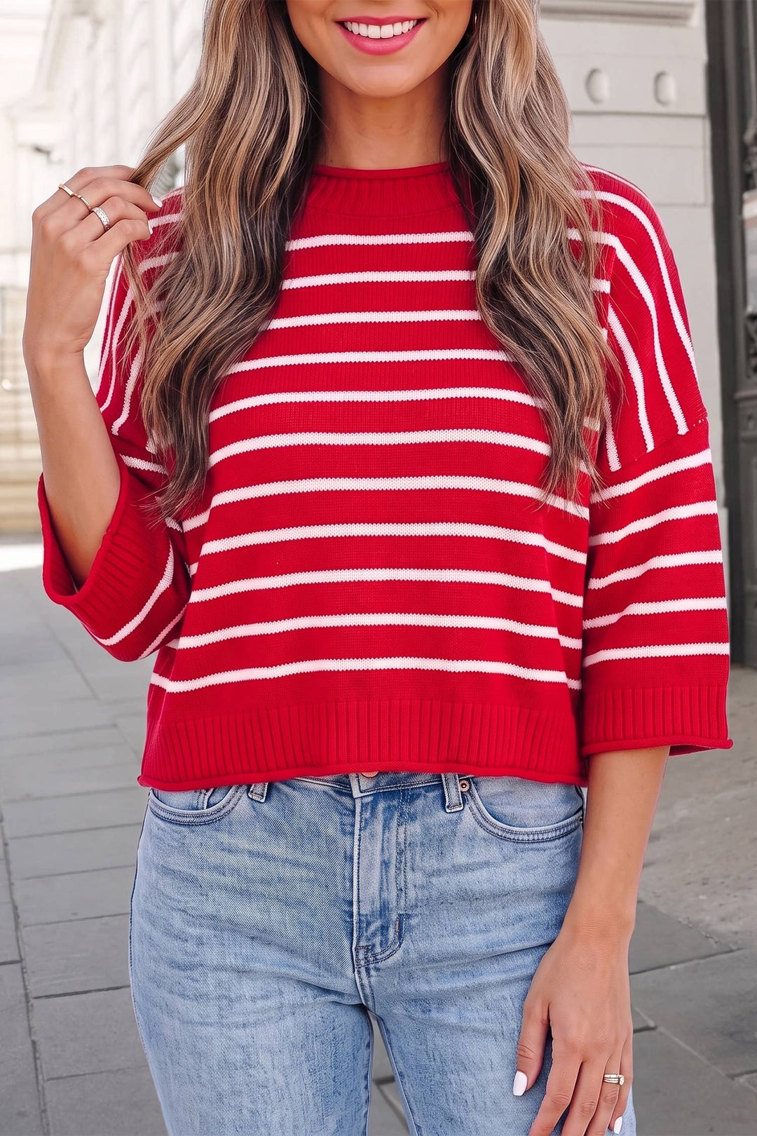 Striped Crewneck Half Sleeve Relaxed Knit Sweater | S-XL
