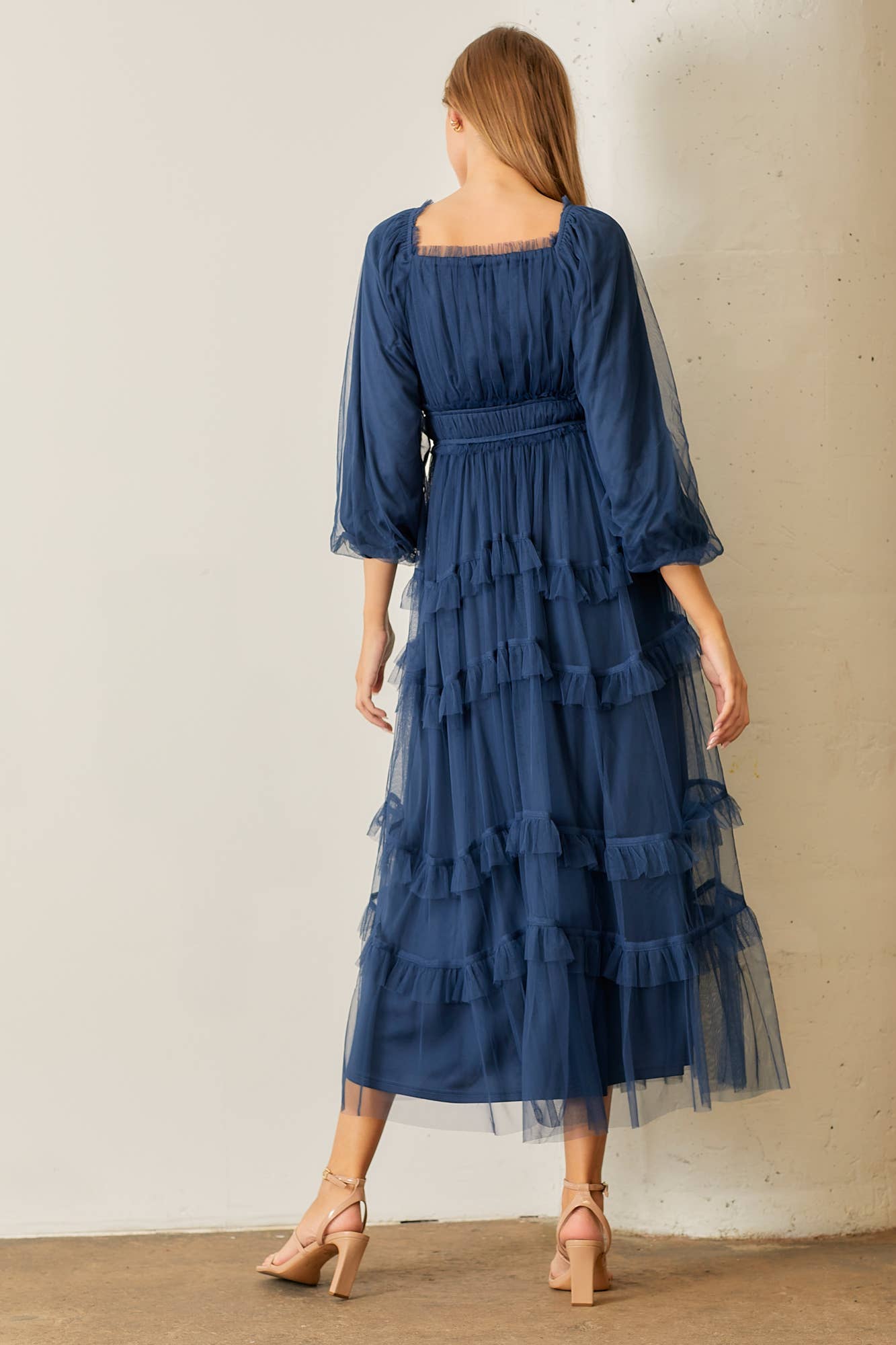 Sheer Ruffle Tiered Tulle Long Sleeve Dress - Plus