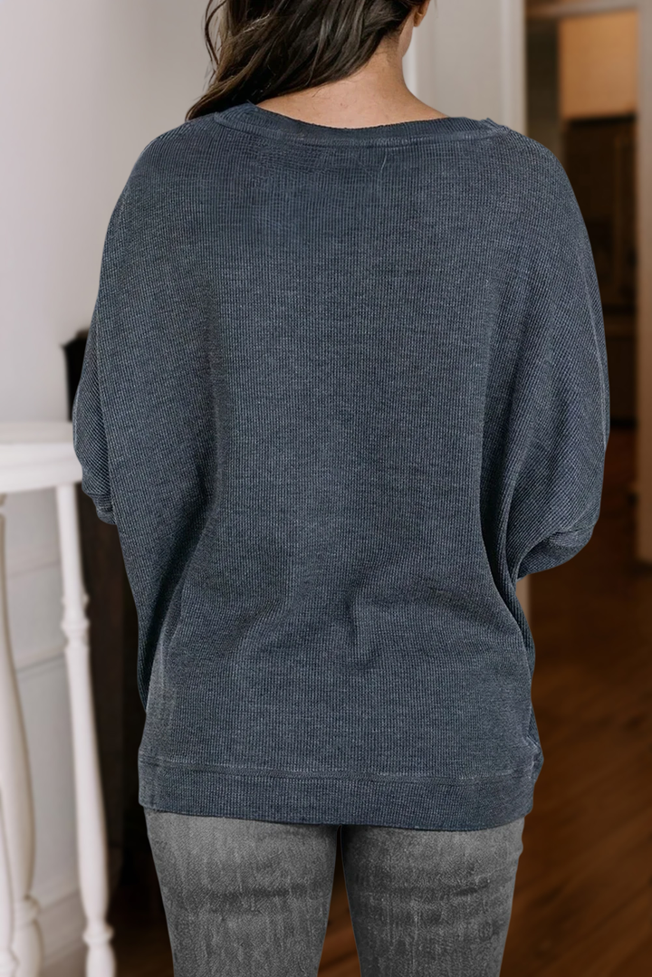 Waffle Knit Long Sleeve Loose Fit Top