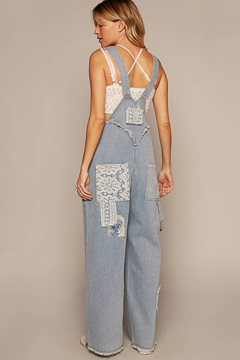 Crochet patchwork detail casual denim overalls