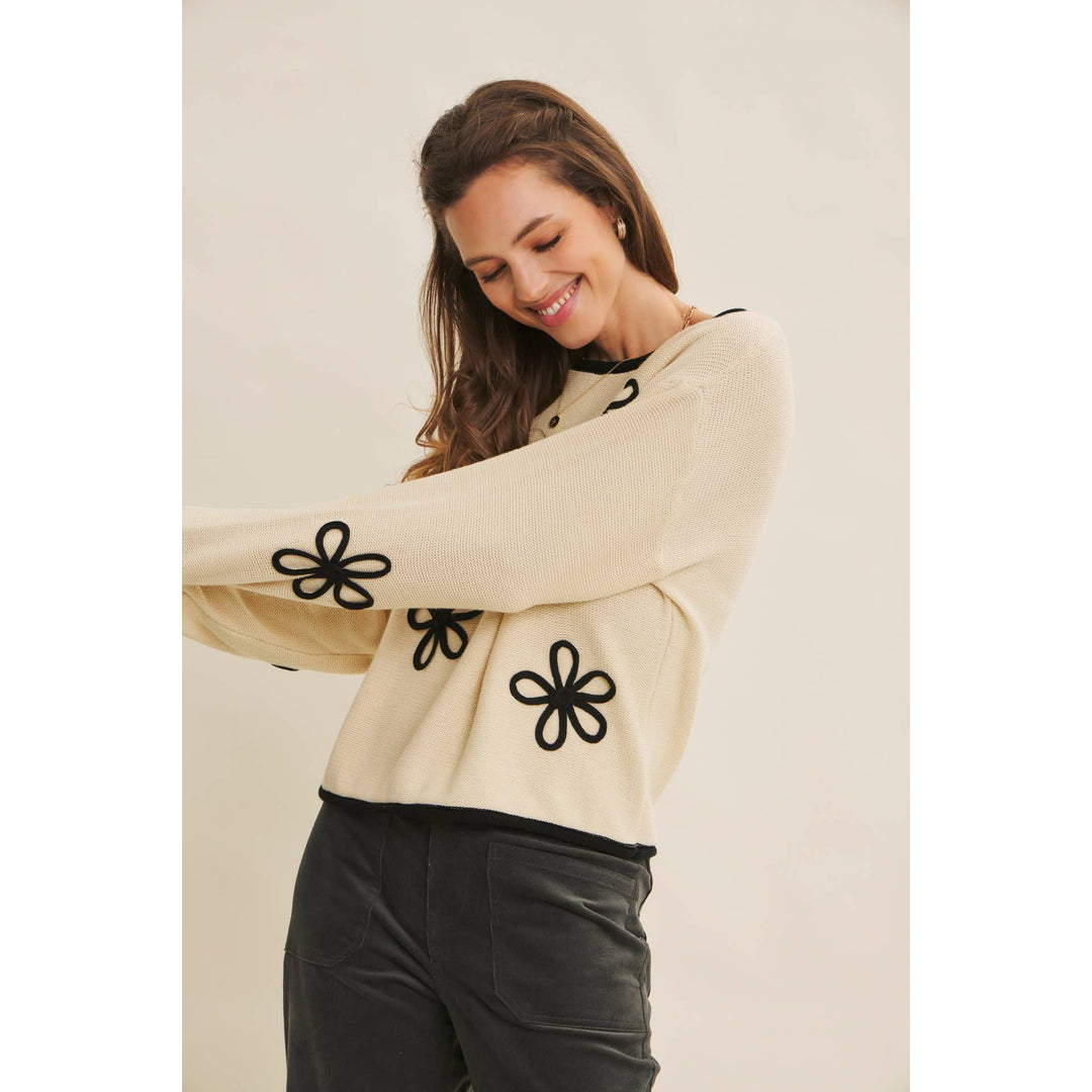 Contrast Floral Appliqué Sweater