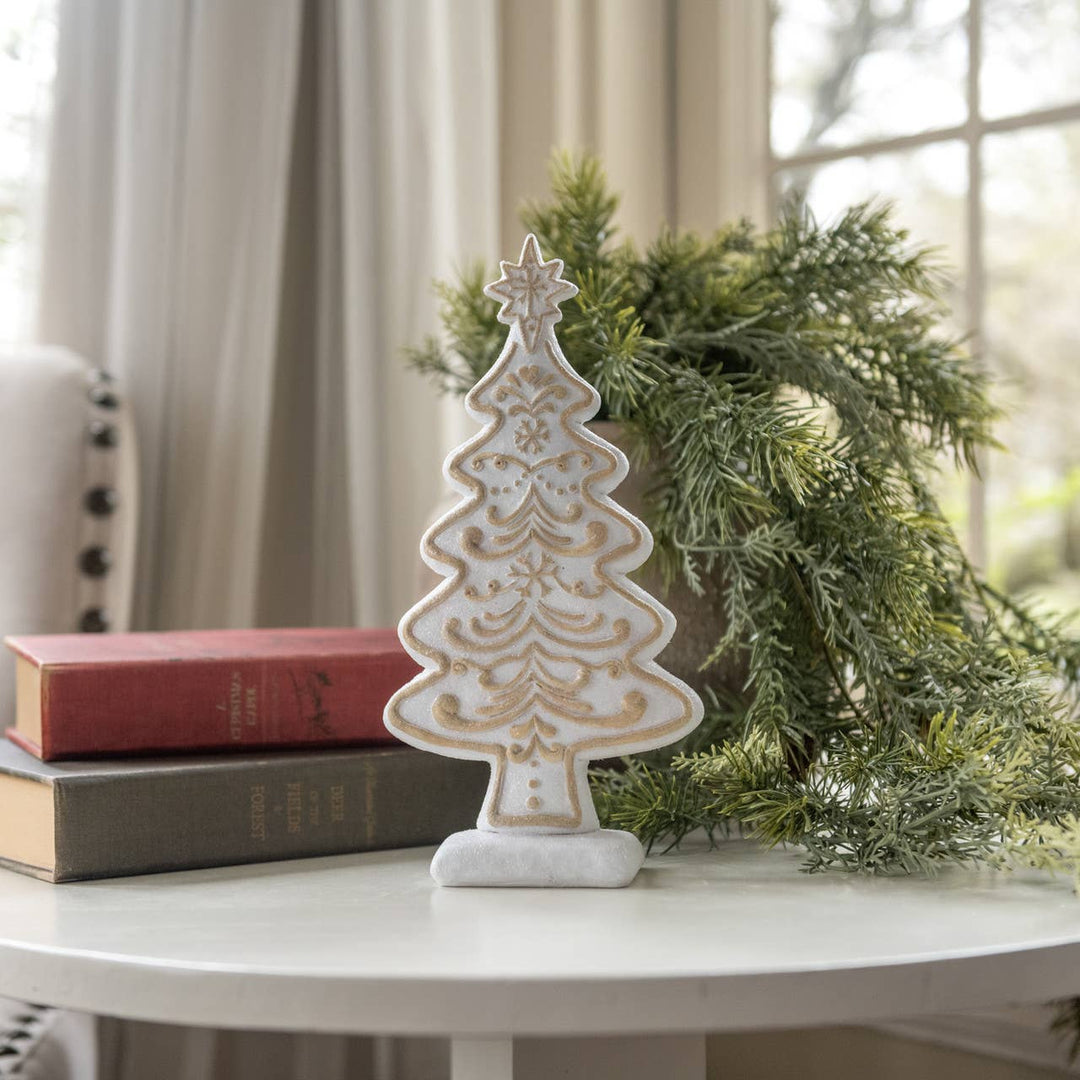 small 9 inch white gingerbread-style decorative Christmas tree with gold details