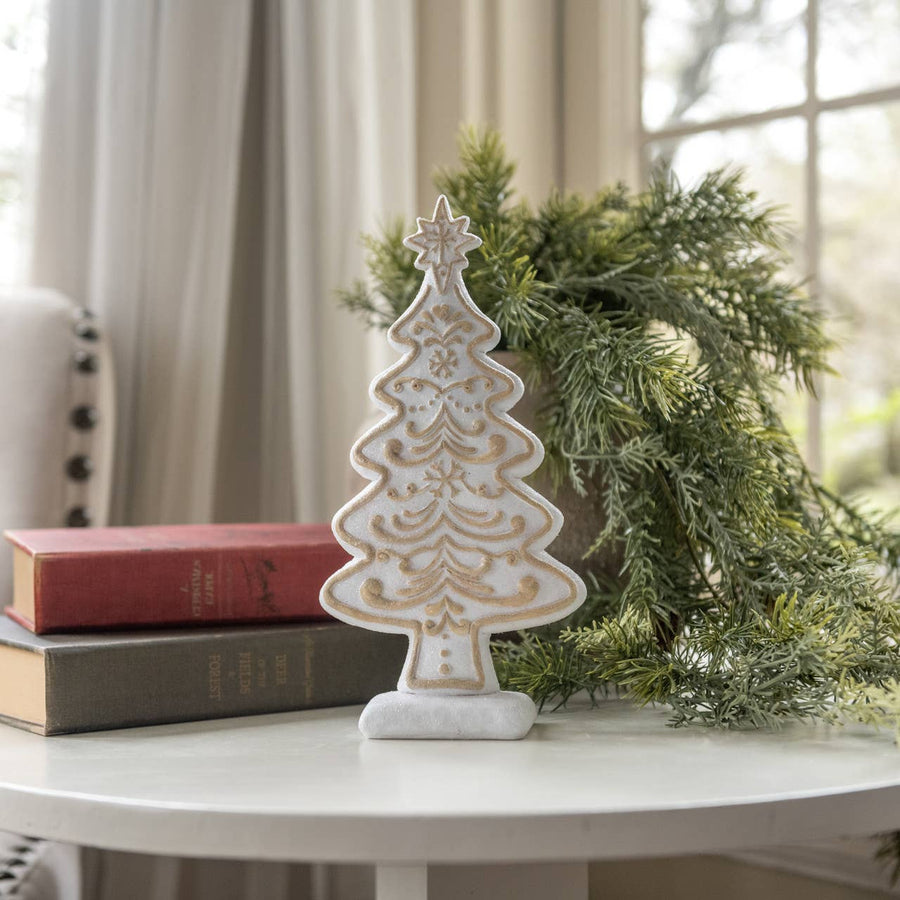 small 9 inch white gingerbread-style decorative Christmas tree with gold details