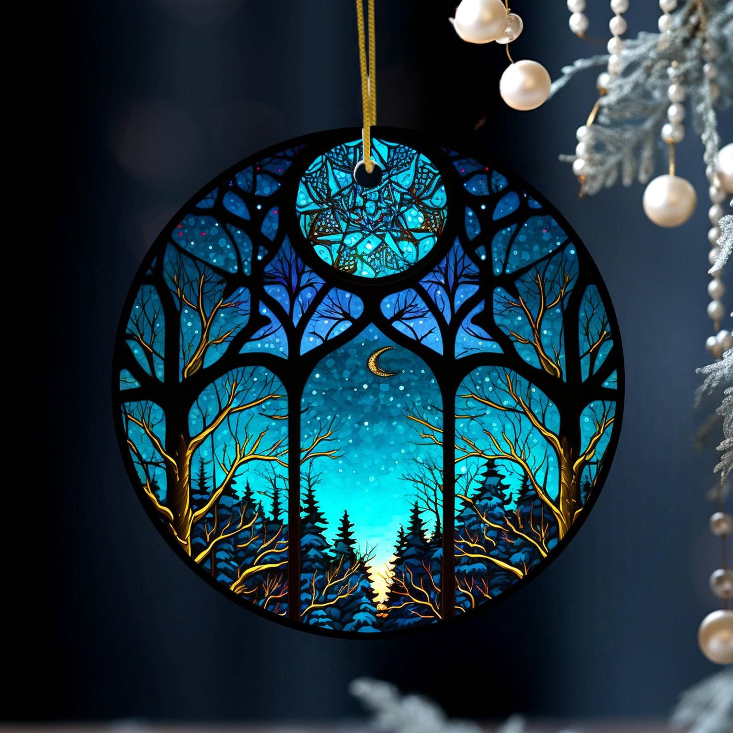 Winter Night Ceramic Ornament with Stained Glass Design