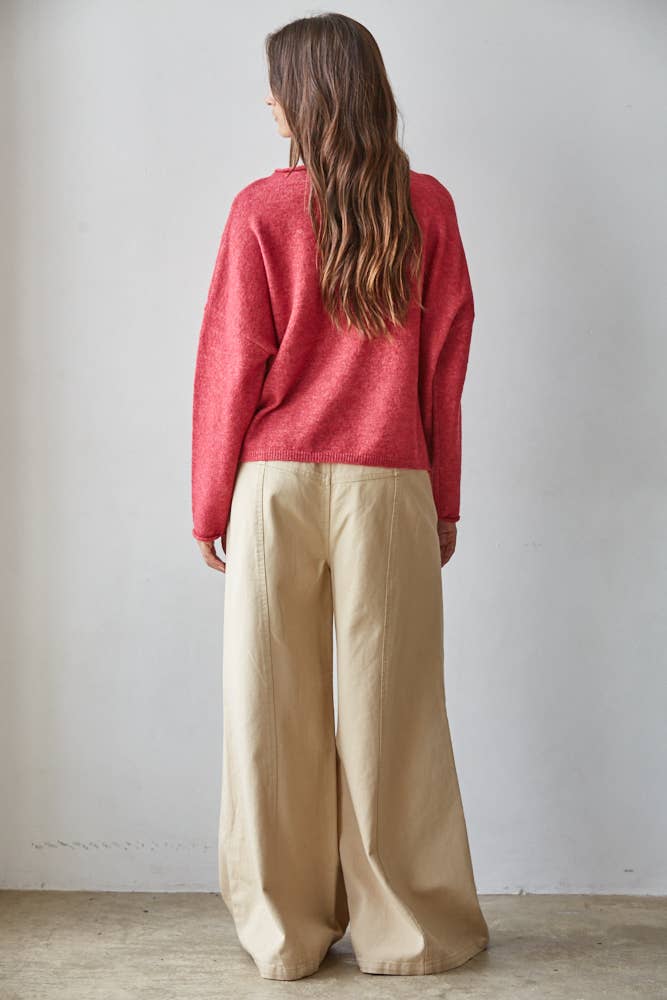 W2114 | Knit Sweater Rolled Round Neck Pullover Top