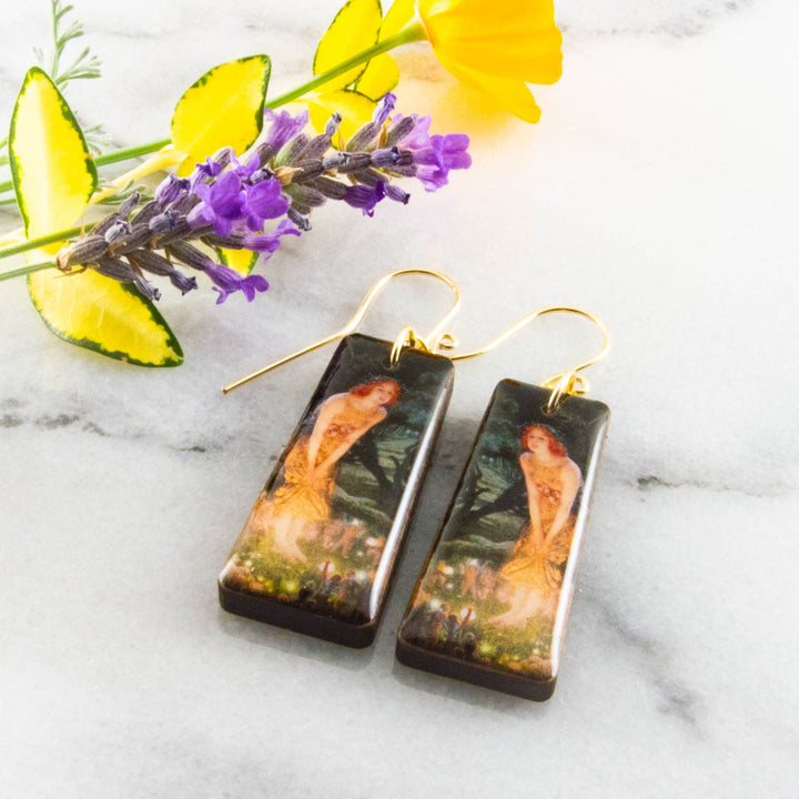 Midsummer Eve tapered rectangle wooden earrings with vintage enchanted woodland artwork and gold-filled ear wires