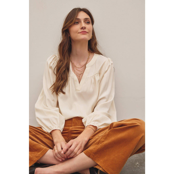 Split Neck Balloon Sleeve Blouse