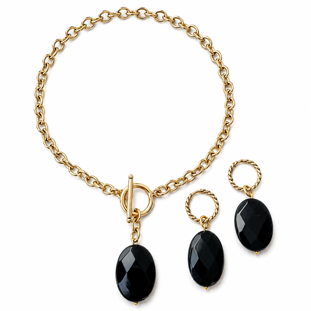Black Onyx Toggle Choker & Huggie Earring Set